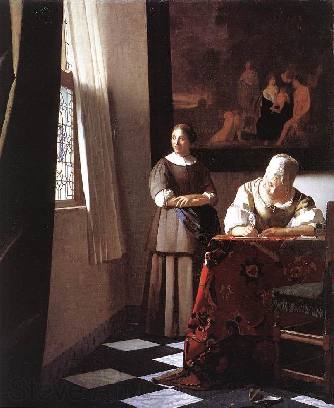 Jan Vermeer Lady Writing a Letter with Her Maid Norge oil painting art